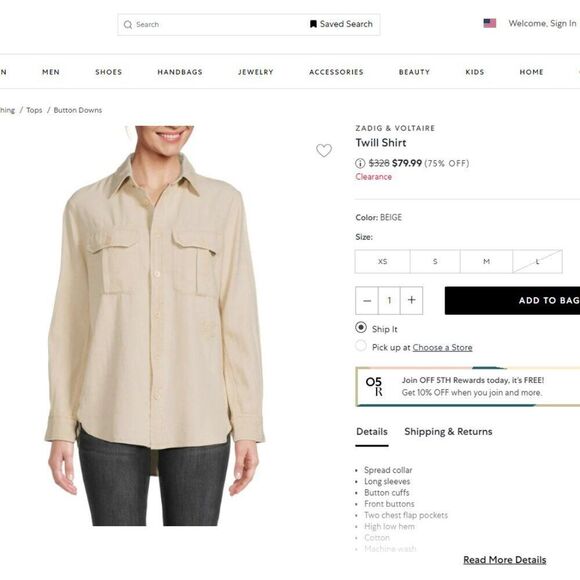 MSRP $328 Zadig & Voltaire Twill Beige Button Down Shirt Size XS - Picture 4 of 10